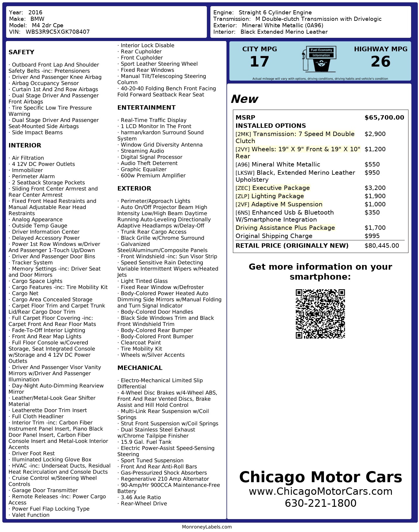 Used 2016 BMW M4 Coupe Executive / Lighting / Driving Assistance Packages!Mods!Ca for sale Sold at Chicago Motor Cars in West Chicago IL 60185 1