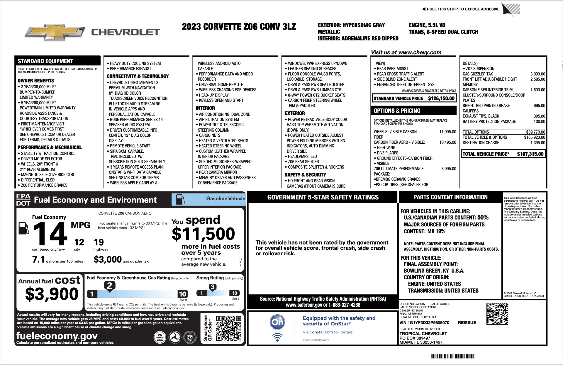 Used 2023 Chevrolet Corvette Z06 Convertible MSRP $167,315+ Full Body Protection Film 3LT LOADED Carbon for sale Sold at Chicago Motor Cars in West Chicago IL 60185 1
