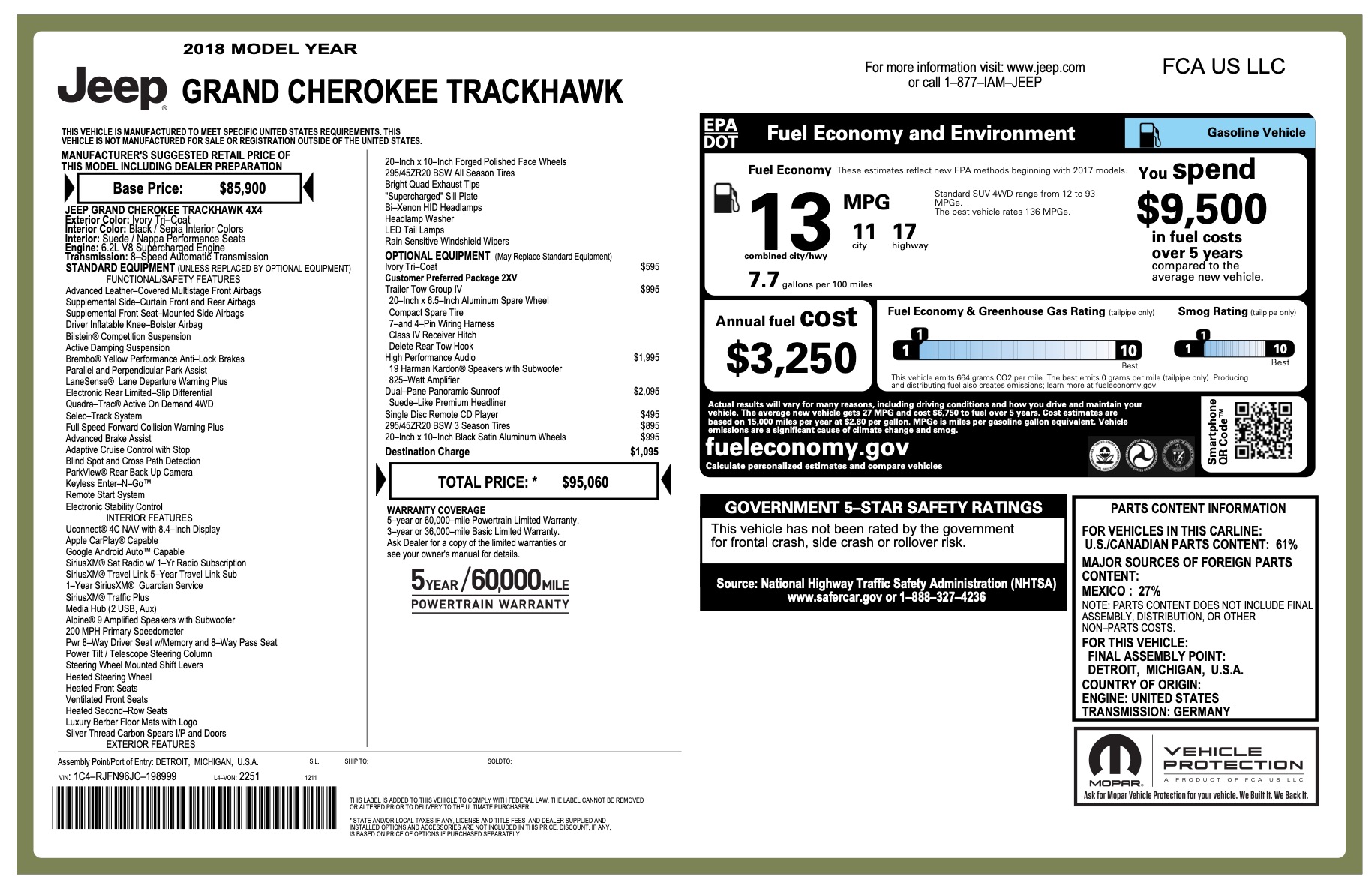 Used 2018 Jeep Grand Cherokee Trackhawk SUV MSRP $95,060+ HIGH-PERFORMANCE AUDIO SYSTEM! for sale Sold at Chicago Motor Cars in West Chicago IL 60185 1