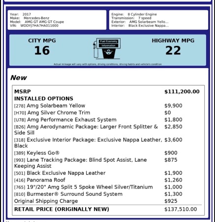 Used-2017-Mercedes-Benz-AMG-GT-Coupe-Original-MSRP-137k-Loaded-AMG-Solarbeam-Yellow-Performance-Exhaust